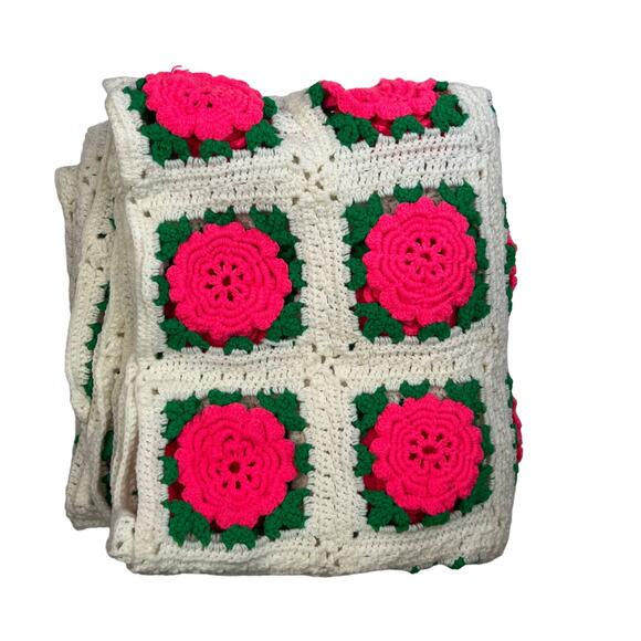 Rose Crochet Blanket Granny Square Handmade Neon Pink Rose Motif White Large - Picture 1 of 7
